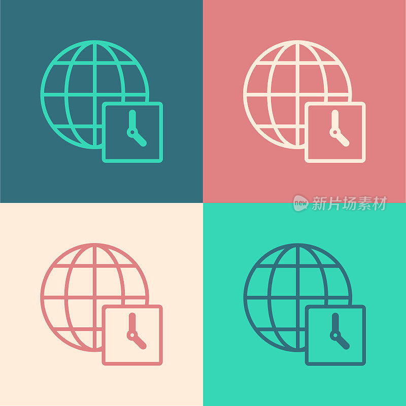 Pop art line World time icon isolated on color background. Clock and globe. Vector